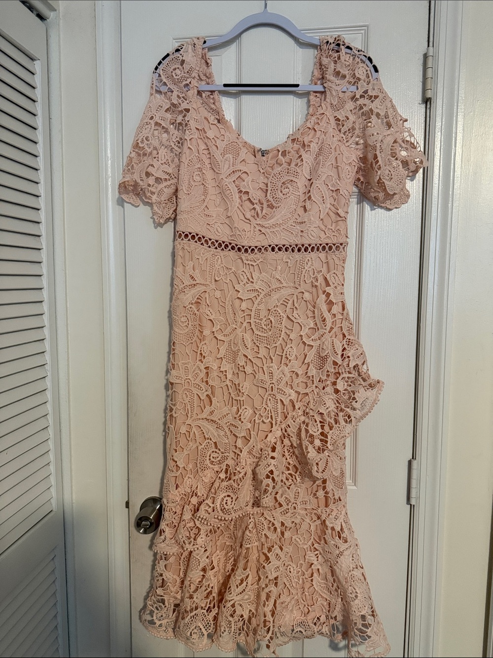 Lulu's Blush Pink Lace Ruffle Midi Dress